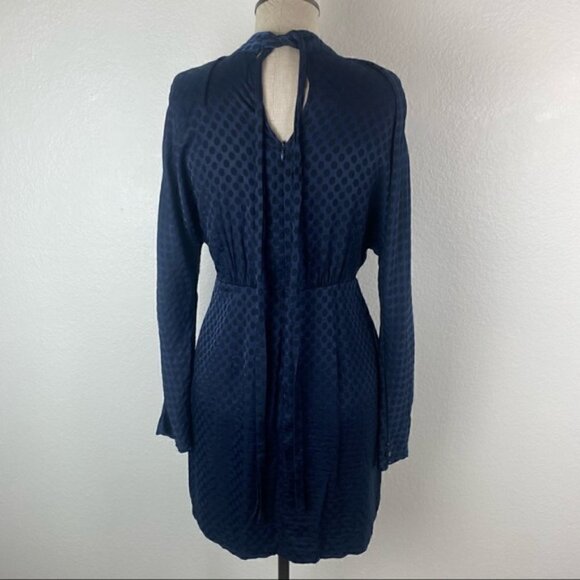 Zara Mini Dress S Satin High Mock Neck Tie Polka Dot Long Sleeve Navy Blue Black - Picture 13 of 15